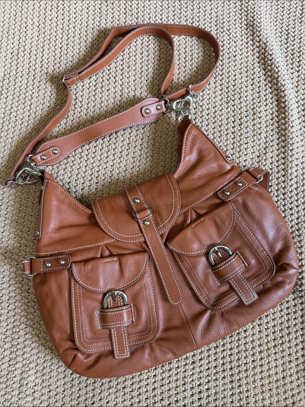 Barr + Barr Cognac Leather Bag with Front Gold-Tone Buckle Pockets - NWOT